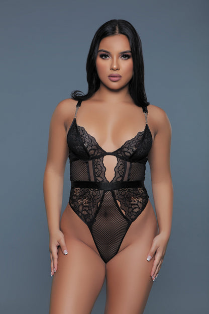 Camille Sheer Lace Bodysuit with Floral Mesh and Adjustable Straps